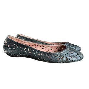 Corso Como Floral Laser Cut Black Leather Skimmer Flats Size 8 Made In Brazil